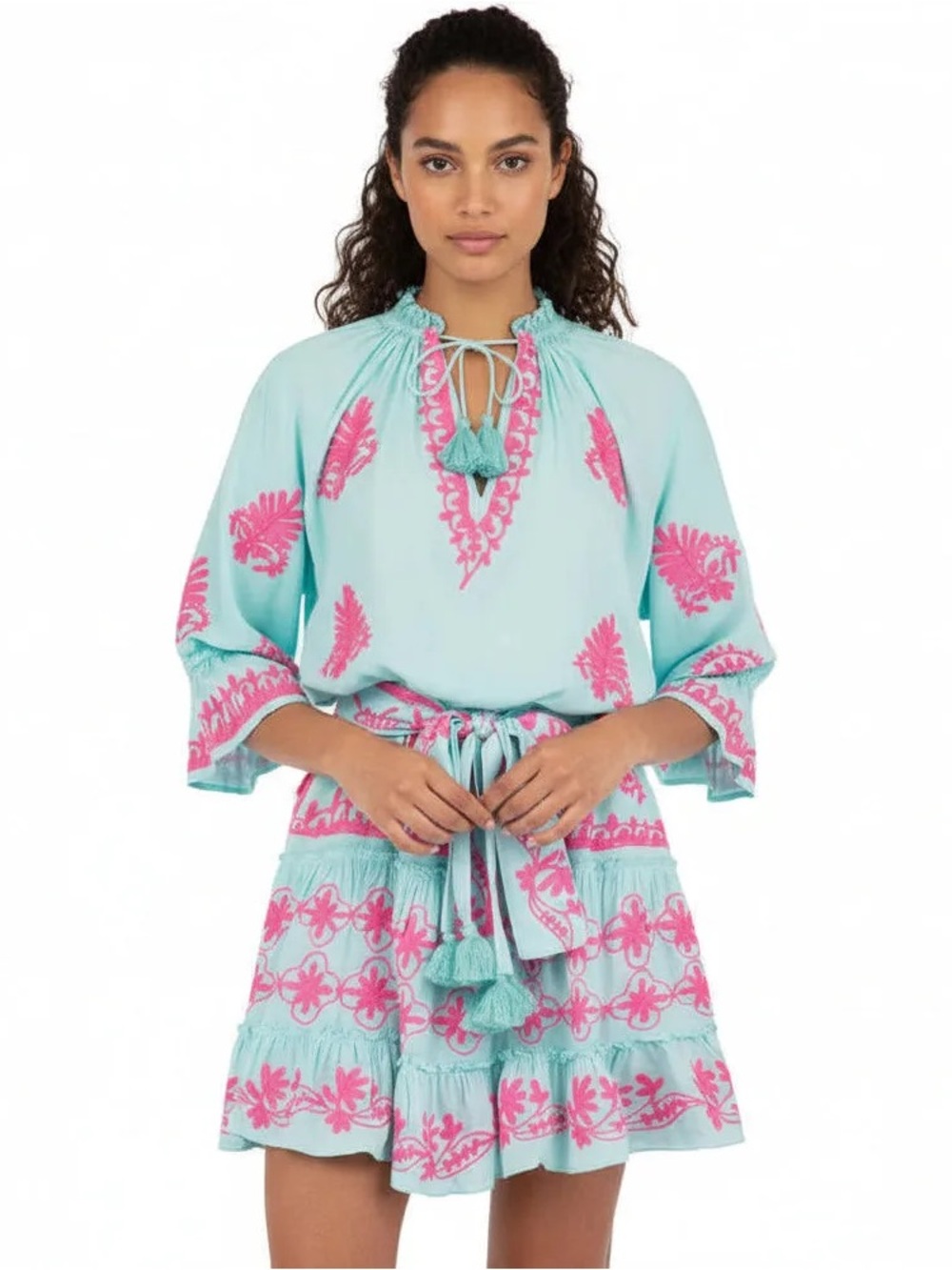 Pomella Light Blue Long Sleeve Dress with Pink Embroidery